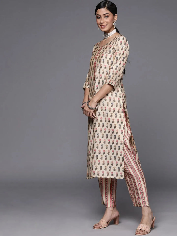 Cream Printed Silk Blend Straight Suit Set - Libas