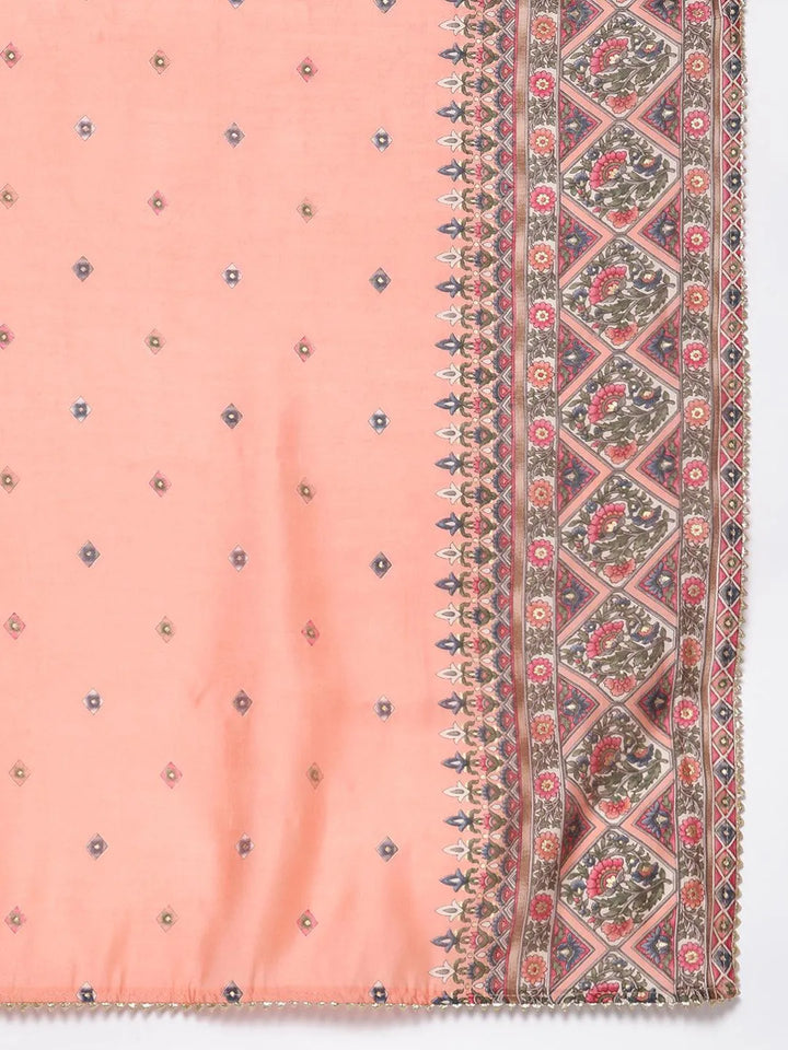 Cream Printed Silk Blend Straight Suit Set - Libas