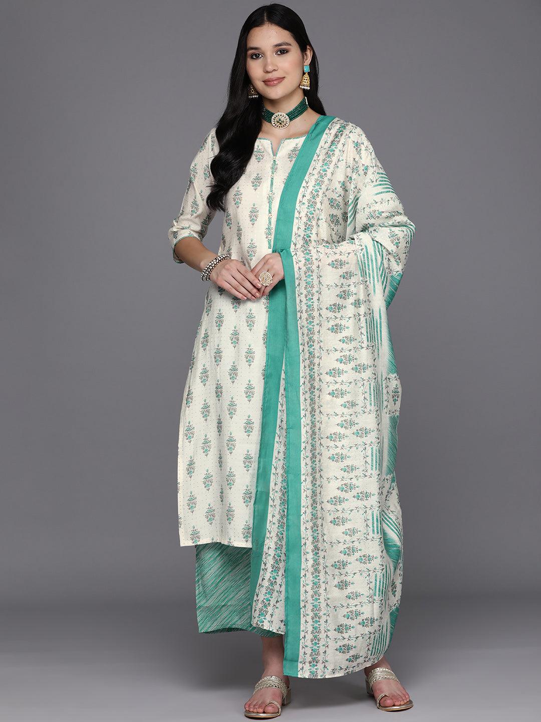 Cream Printed Silk Blend Straight Suit Set With Palazzos - Libas 