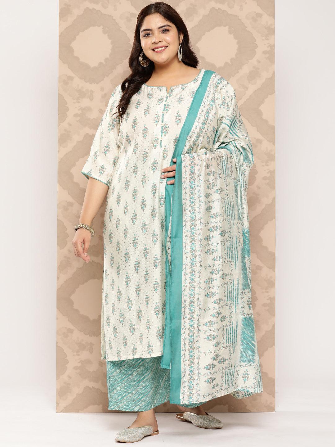 Cream Printed Silk Blend Straight Kurta With Palazzos and Dupatta - Libas