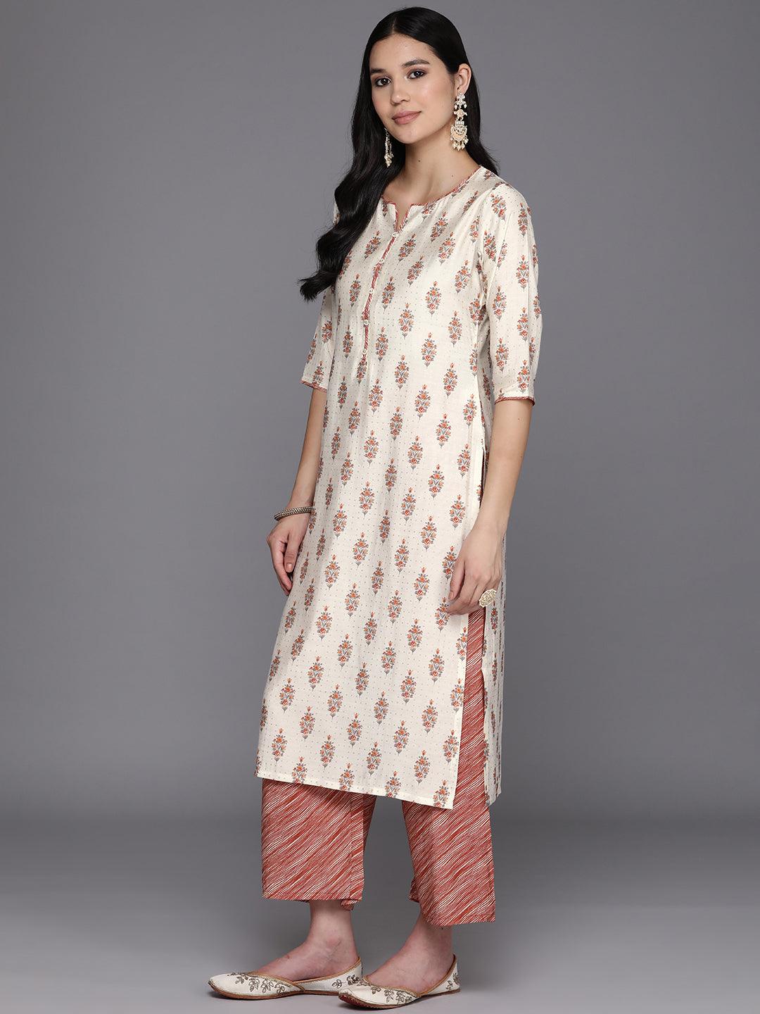 Cream Printed Silk Blend Straight Suit Set With Palazzos - Libas 