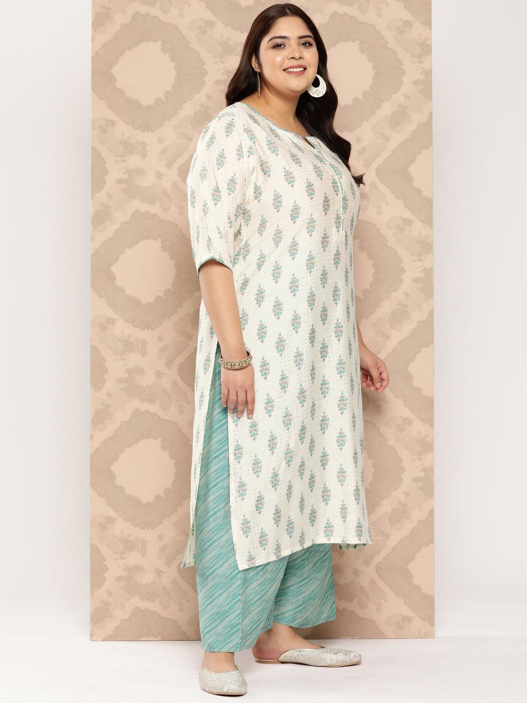 Cream Printed Silk Blend Straight Kurta With Palazzos and Dupatta - Libas