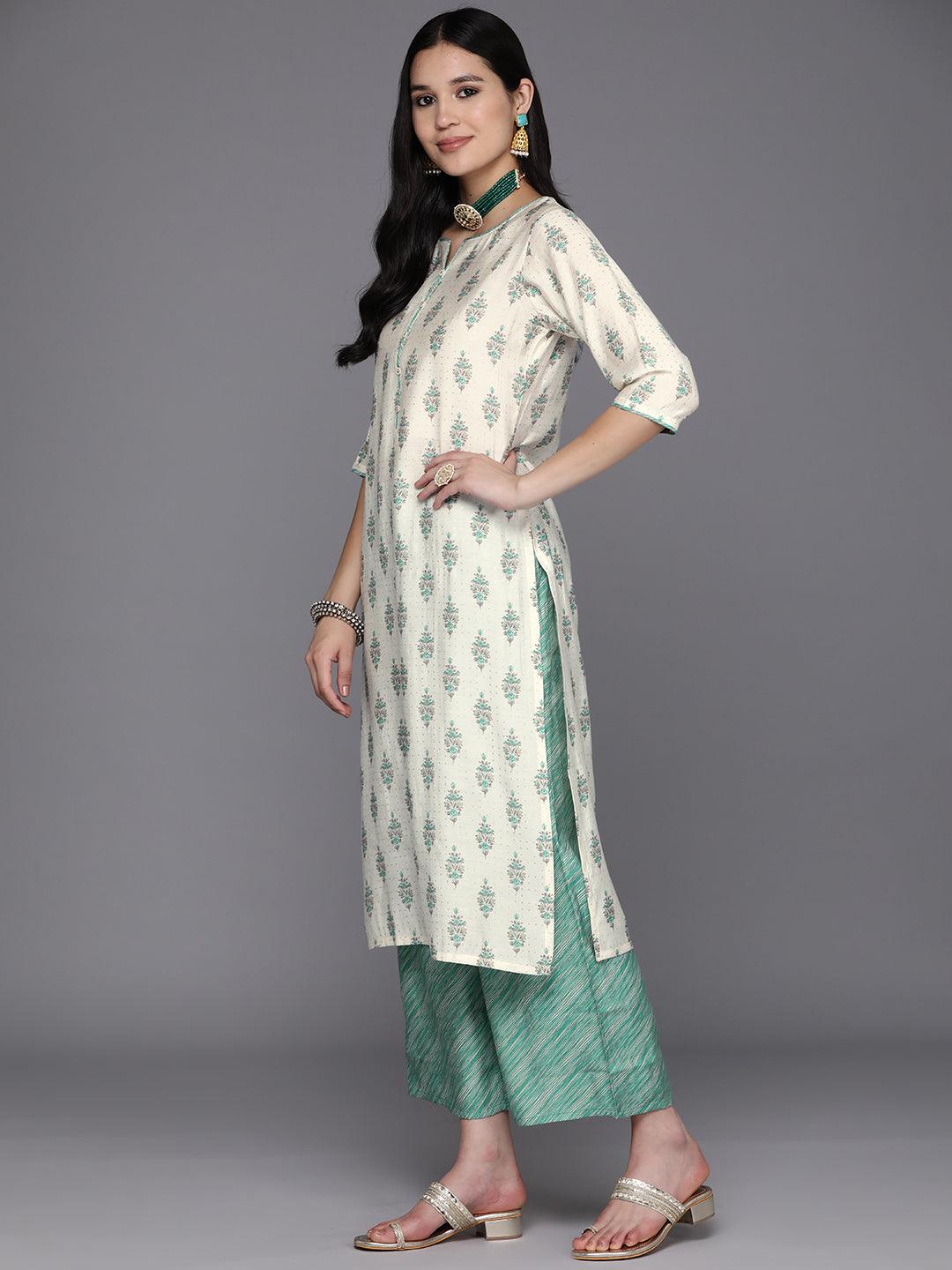 Cream Printed Silk Blend Straight Suit Set With Palazzos - Libas 