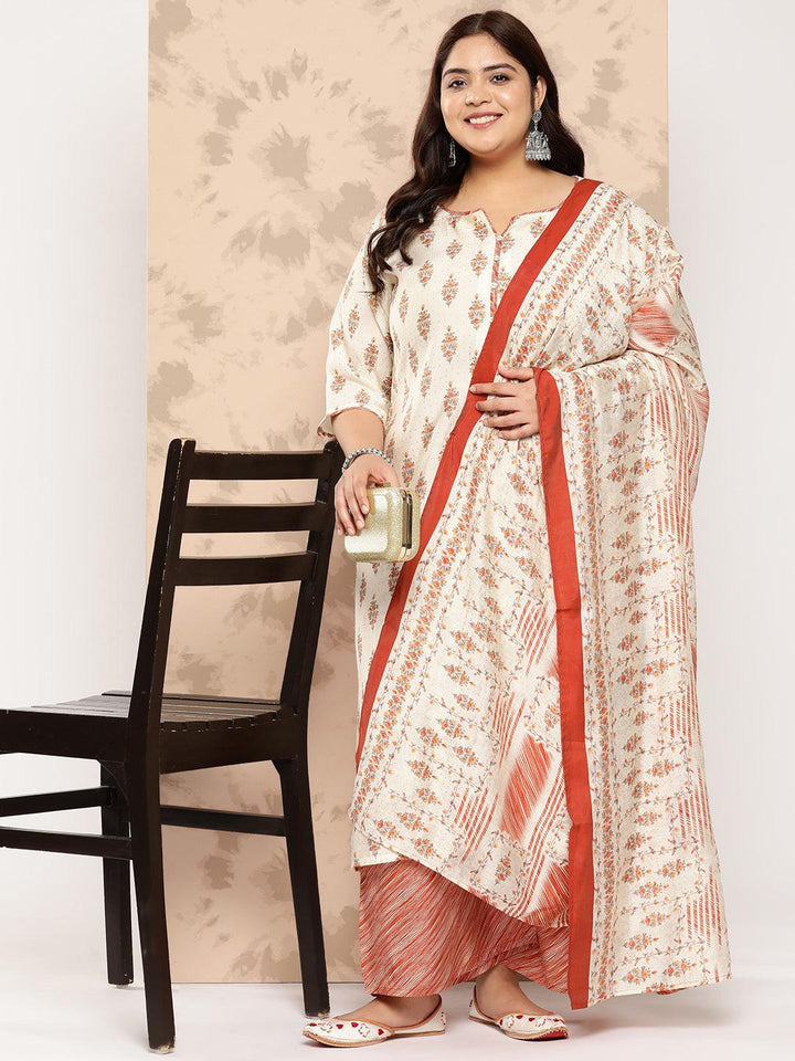 Cream Printed Silk Blend Straight Kurta With Palazzos and Dupatta - Libas