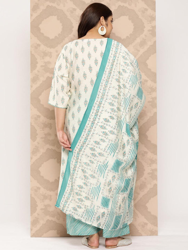 Cream Printed Silk Blend Straight Kurta With Palazzos and Dupatta - Libas