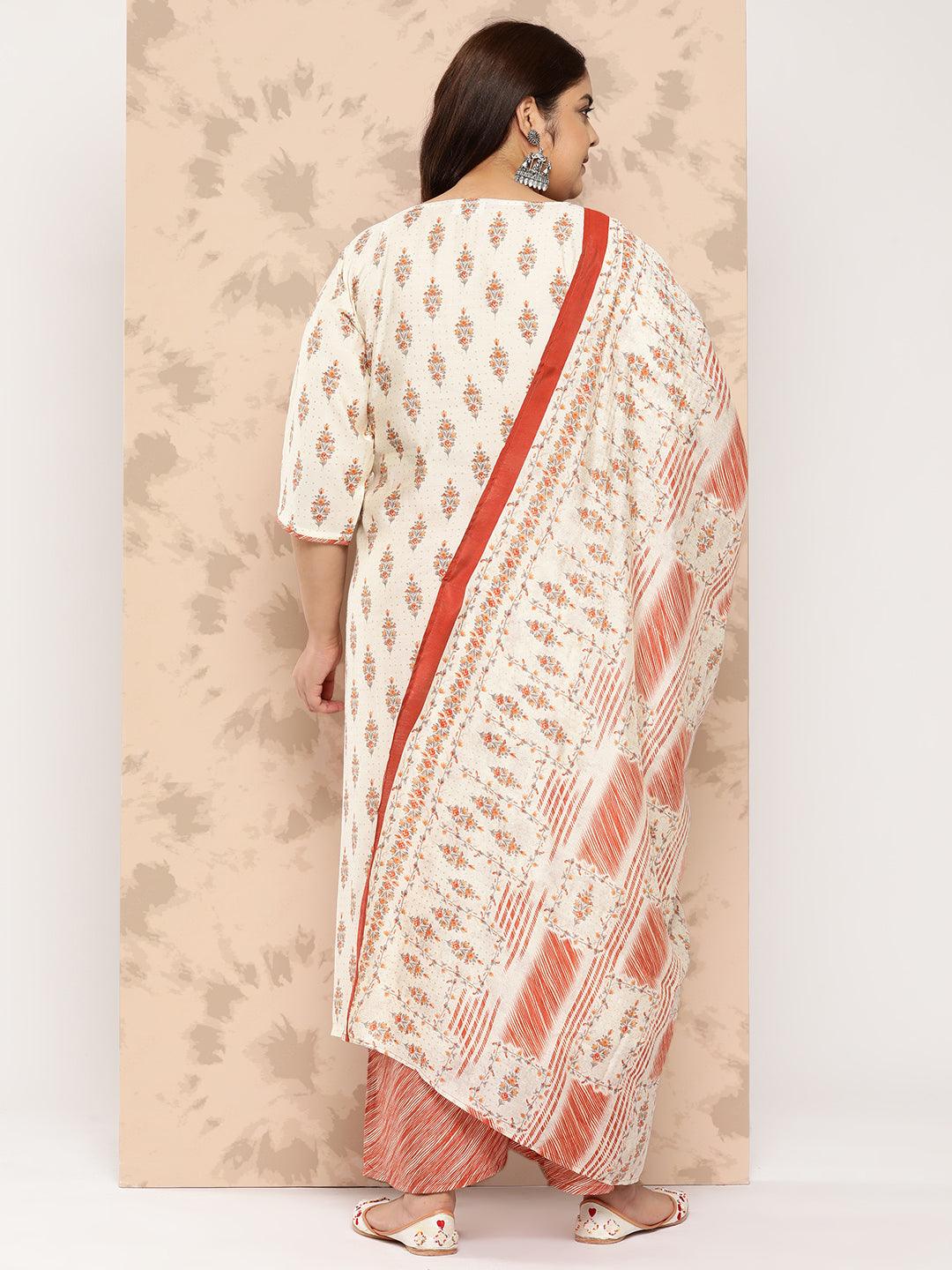 Cream Printed Silk Blend Straight Kurta With Palazzos and Dupatta - Libas