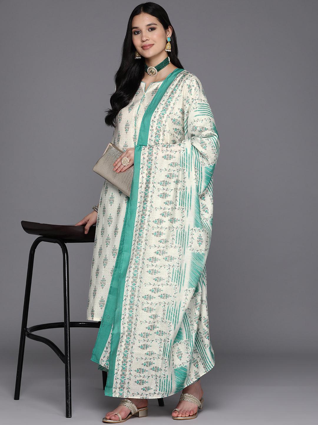 Cream Printed Silk Blend Straight Suit Set With Palazzos - Libas 