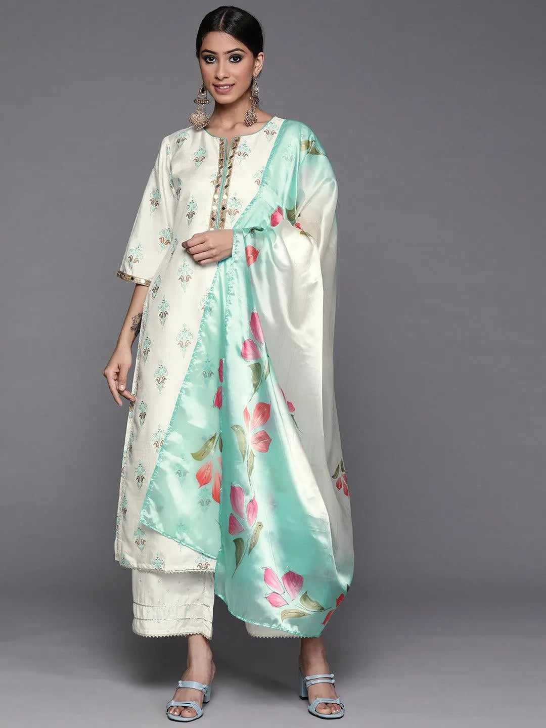 Cream Printed Silk Suit Set - Libas