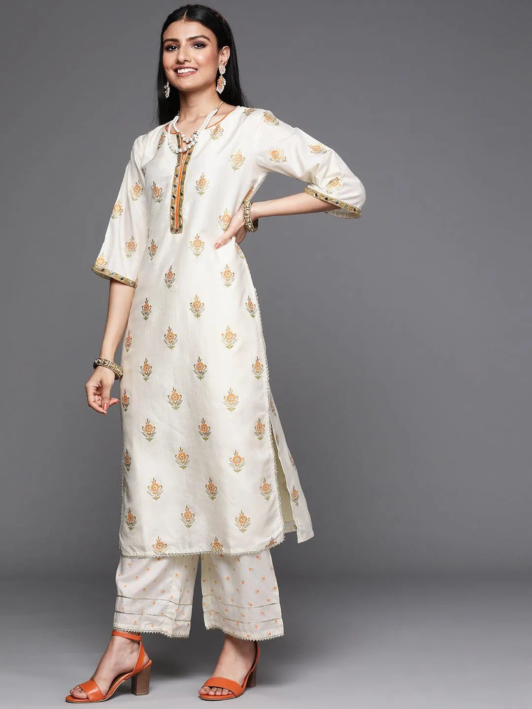 Cream Printed Silk Suit Set - Libas