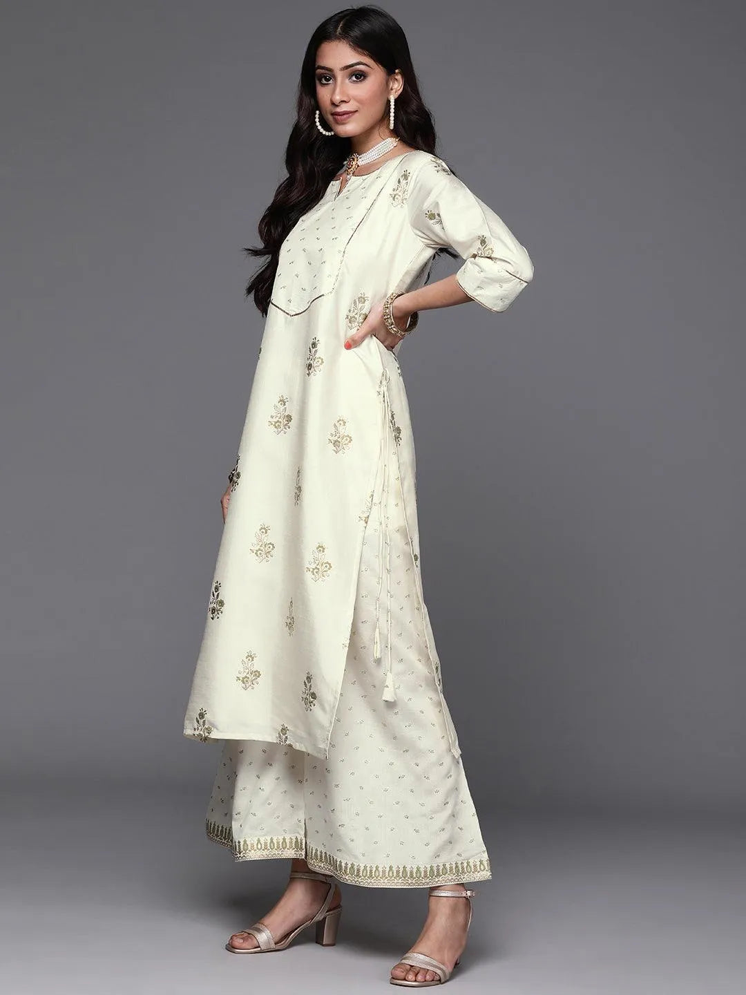 Cream Printed Silk Suit Set - Libas