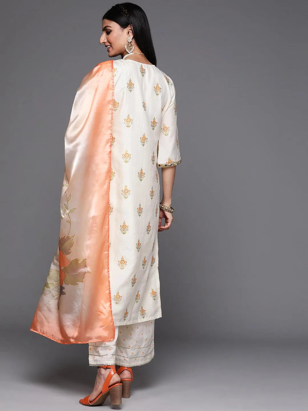 Cream Printed Silk Suit Set - Libas