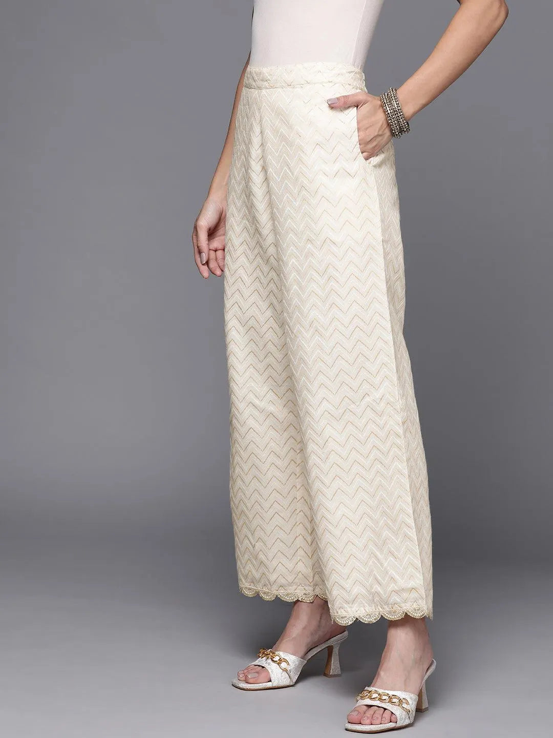 Cream Self Design Cotton Palazzos - Libas