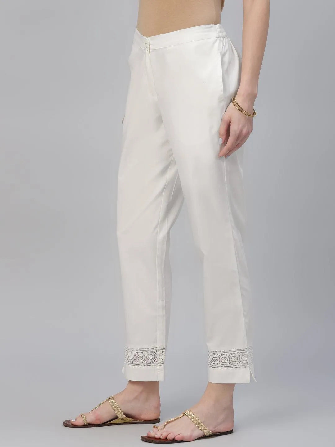 Cream Solid Cotton Trousers - Libas 