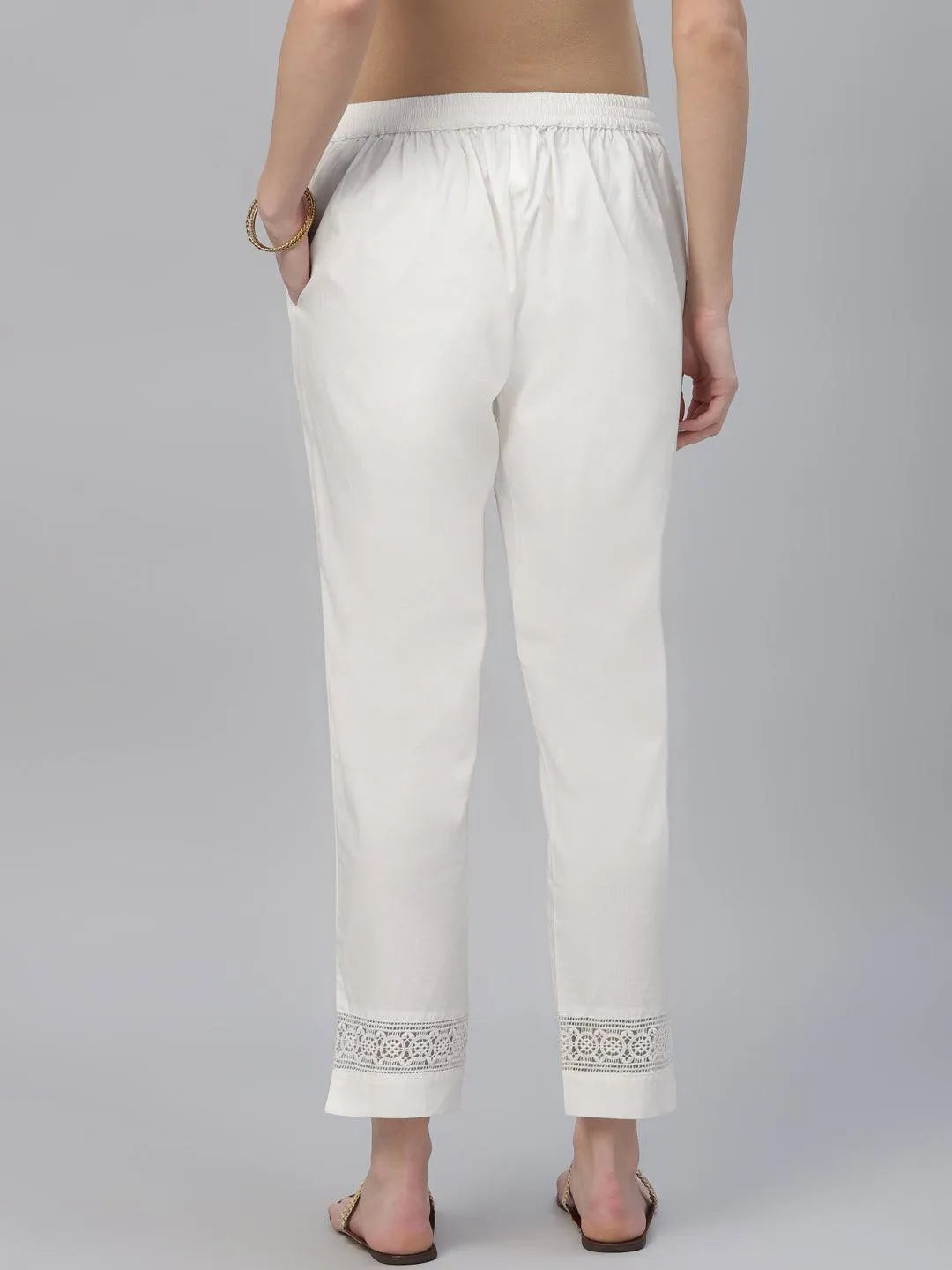 Cream Solid Cotton Trousers - Libas