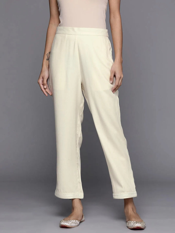 Cream Solid Pashmina Wool Trousers - Libas