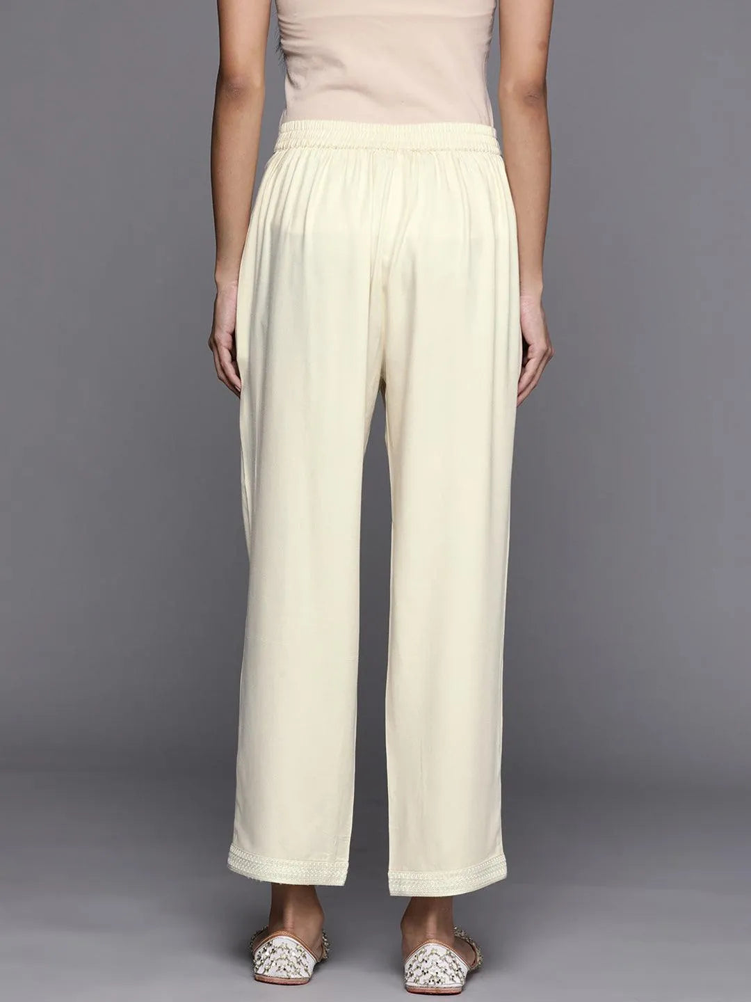 Cream Solid Pashmina Wool Trousers - Libas