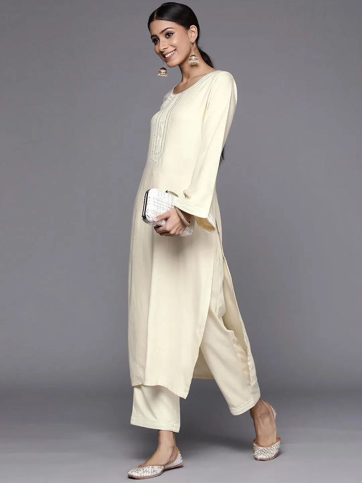 Cream Solid Pashmina Wool Trousers - Libas