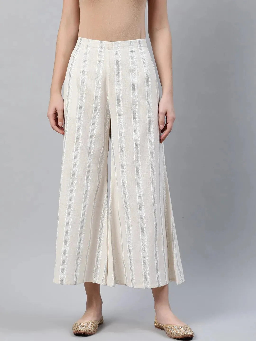 Cream Striped Cotton Palazzos - Libas 