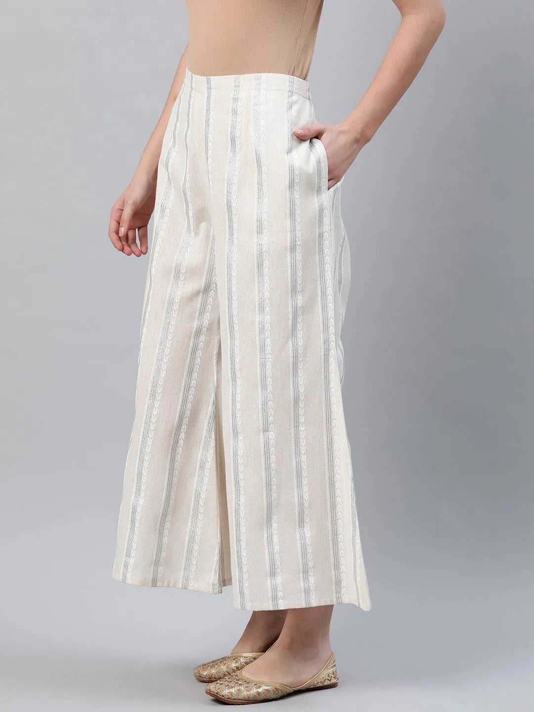 Cream Striped Cotton Palazzos - Libas 