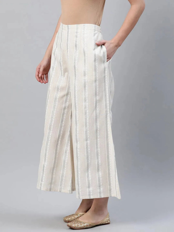 Cream Striped Cotton Palazzos - Libas