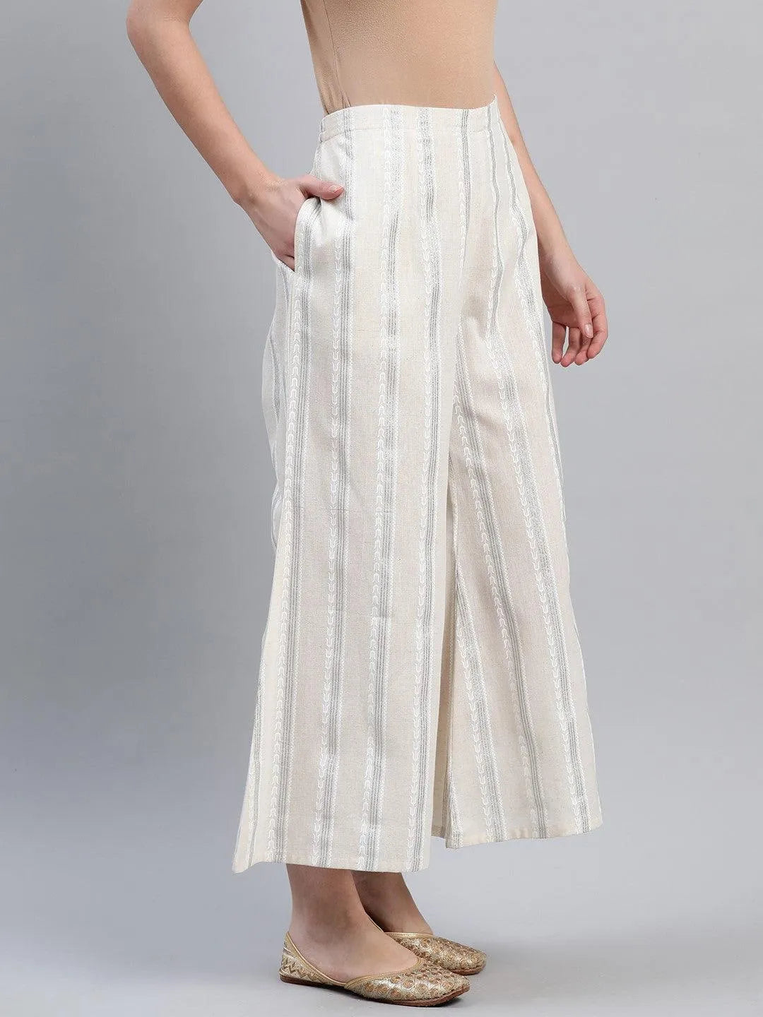 Cream Striped Cotton Palazzos - Libas 