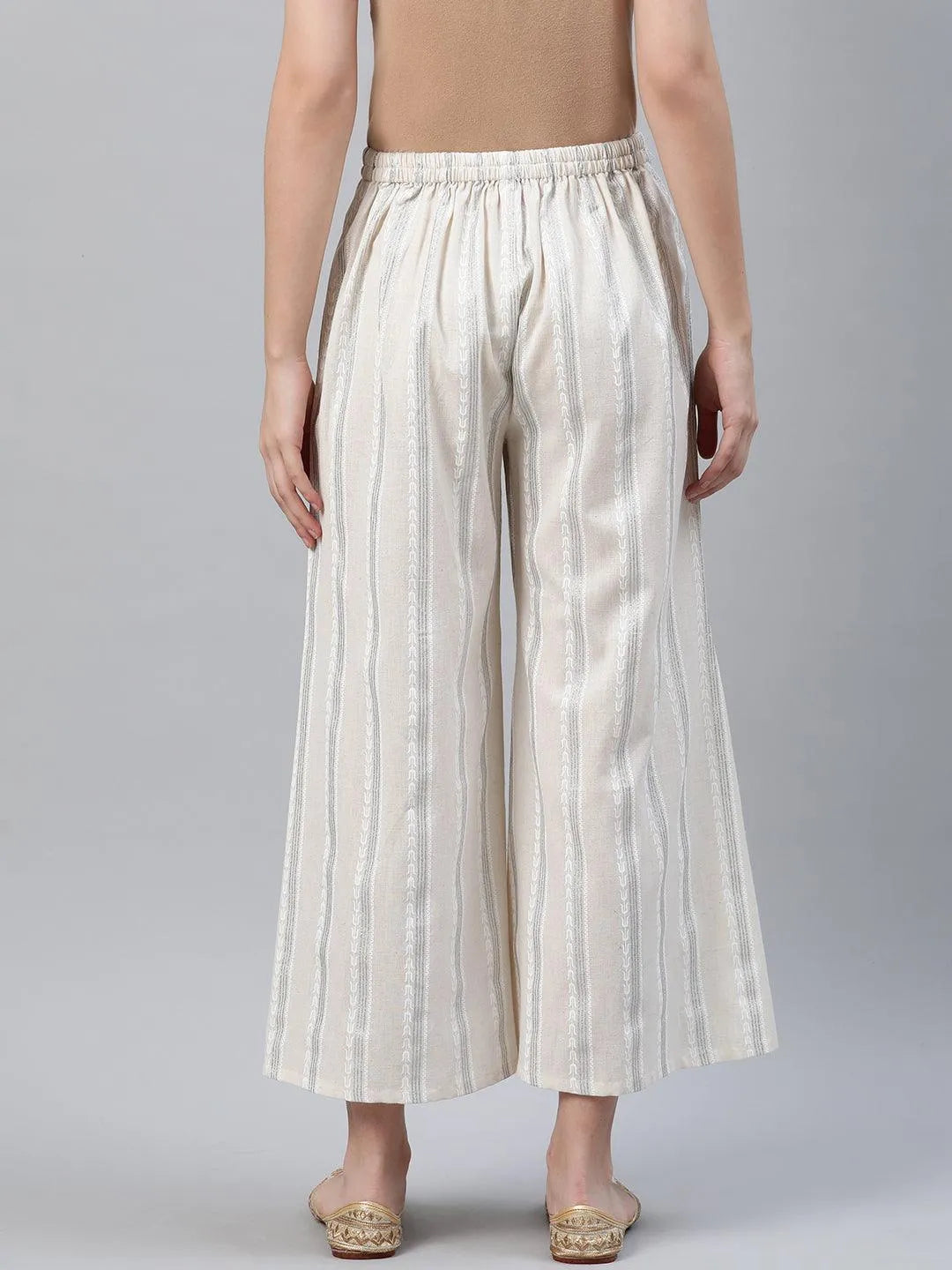 Cream Striped Cotton Palazzos - Libas