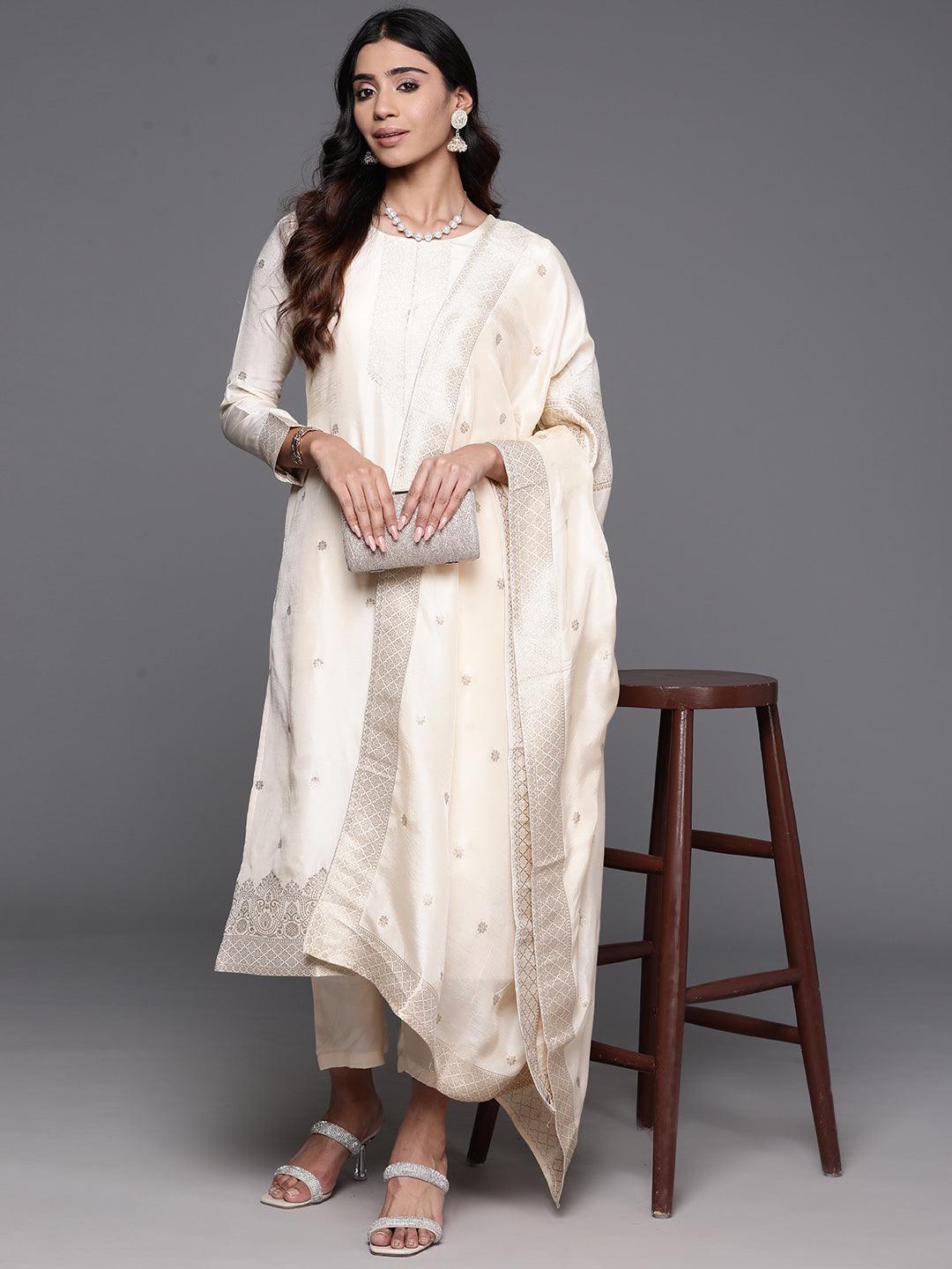 Cream Woven Design Silk Blend Straight Kurta With Trousers & Dupatta - Libas 