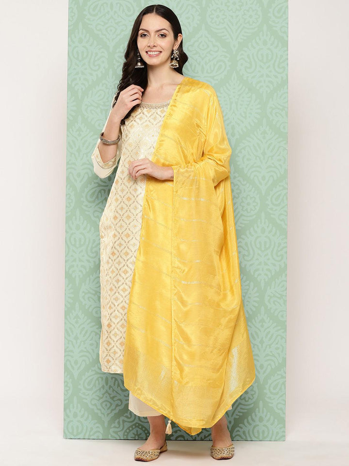 Cream Woven Design Silk Blend Straight Kurta With Trousers & Dupatta - Libas