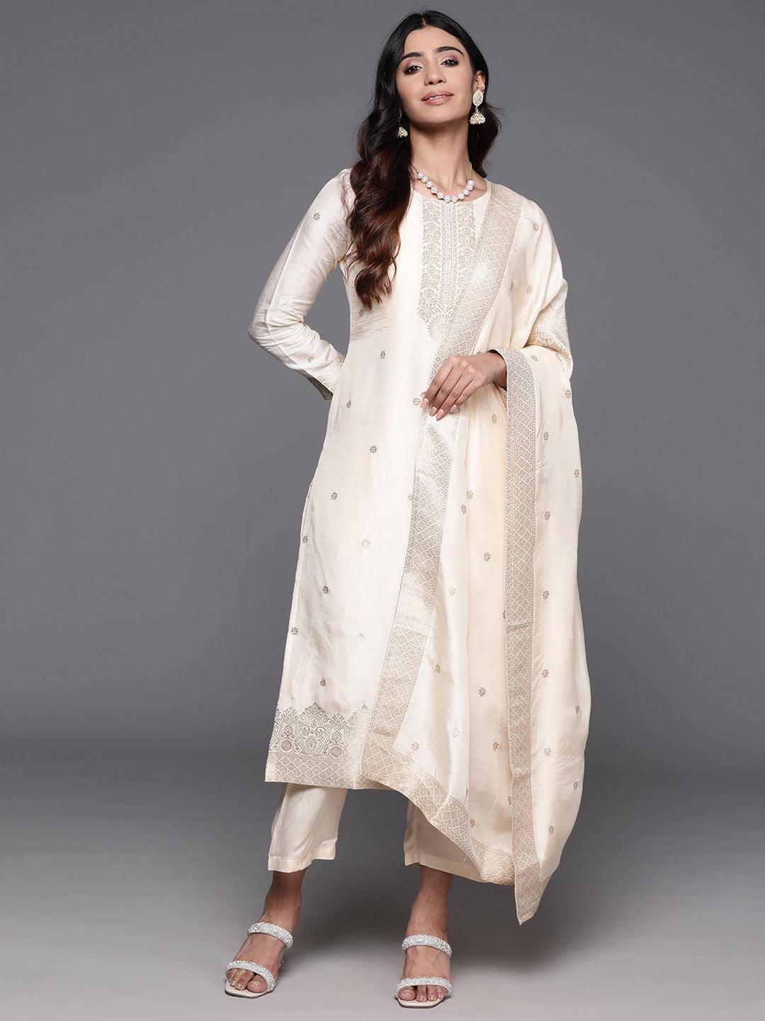 Cream Woven Design Silk Blend Straight Kurta With Trousers & Dupatta - Libas 