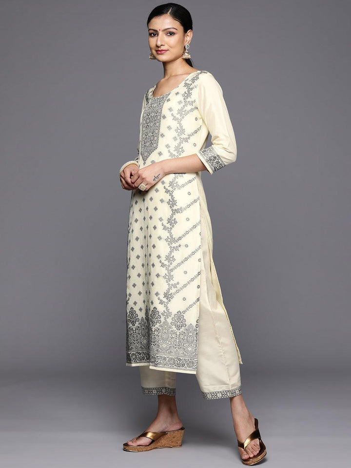 Cream Woven Design Silk Blend Straight Kurta With Trousers & Dupatta - Libas