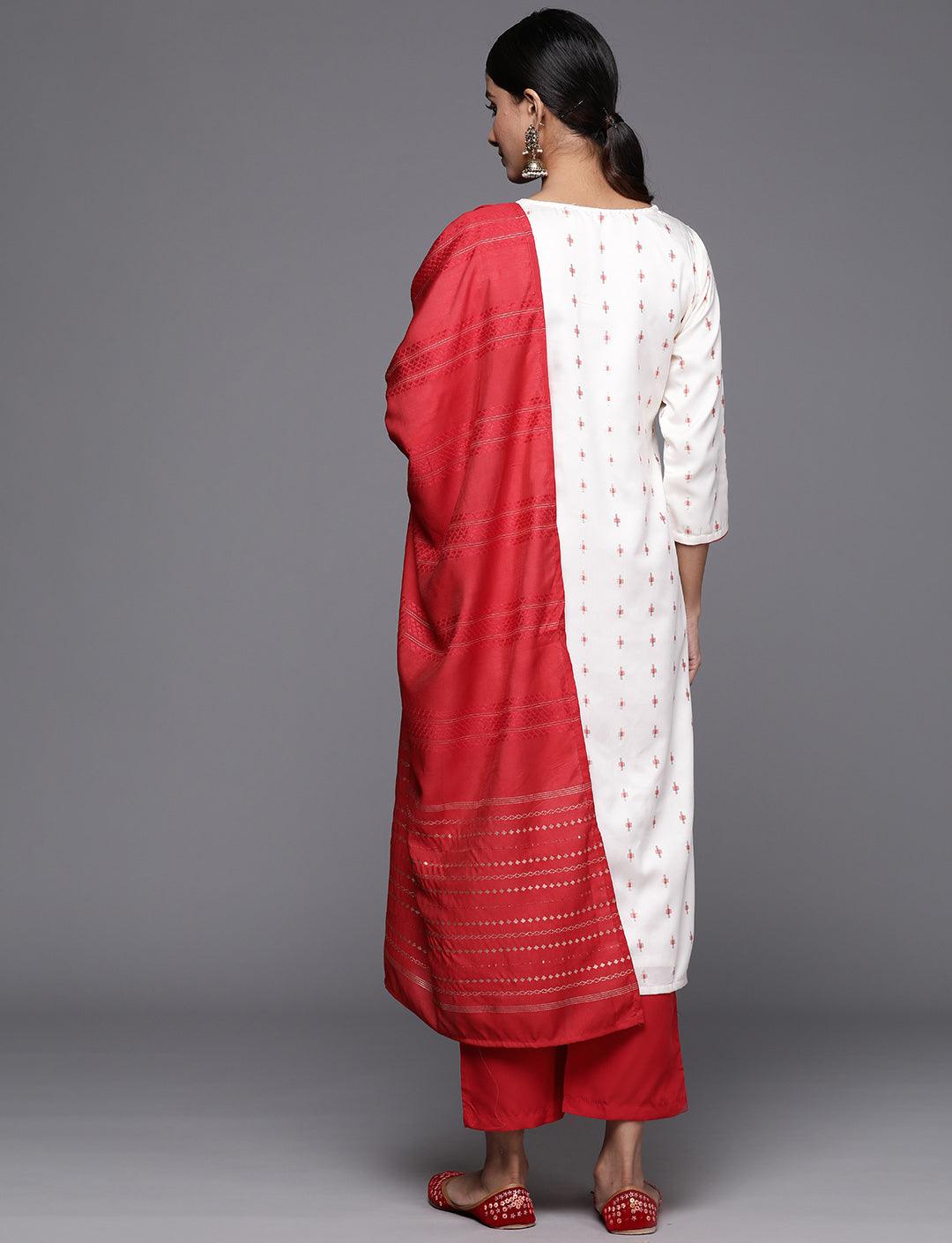 Cream Woven Design Silk Blend Straight Kurta With Trousers & Dupatta - Libas