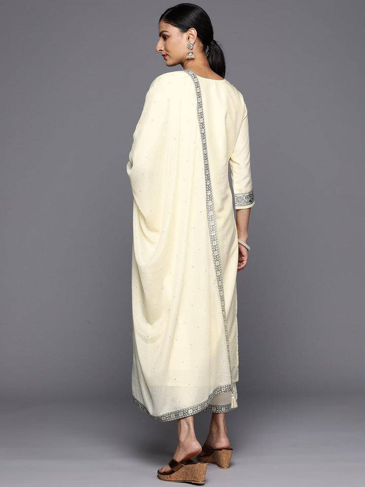 Cream Woven Design Silk Blend Straight Kurta With Trousers & Dupatta - Libas