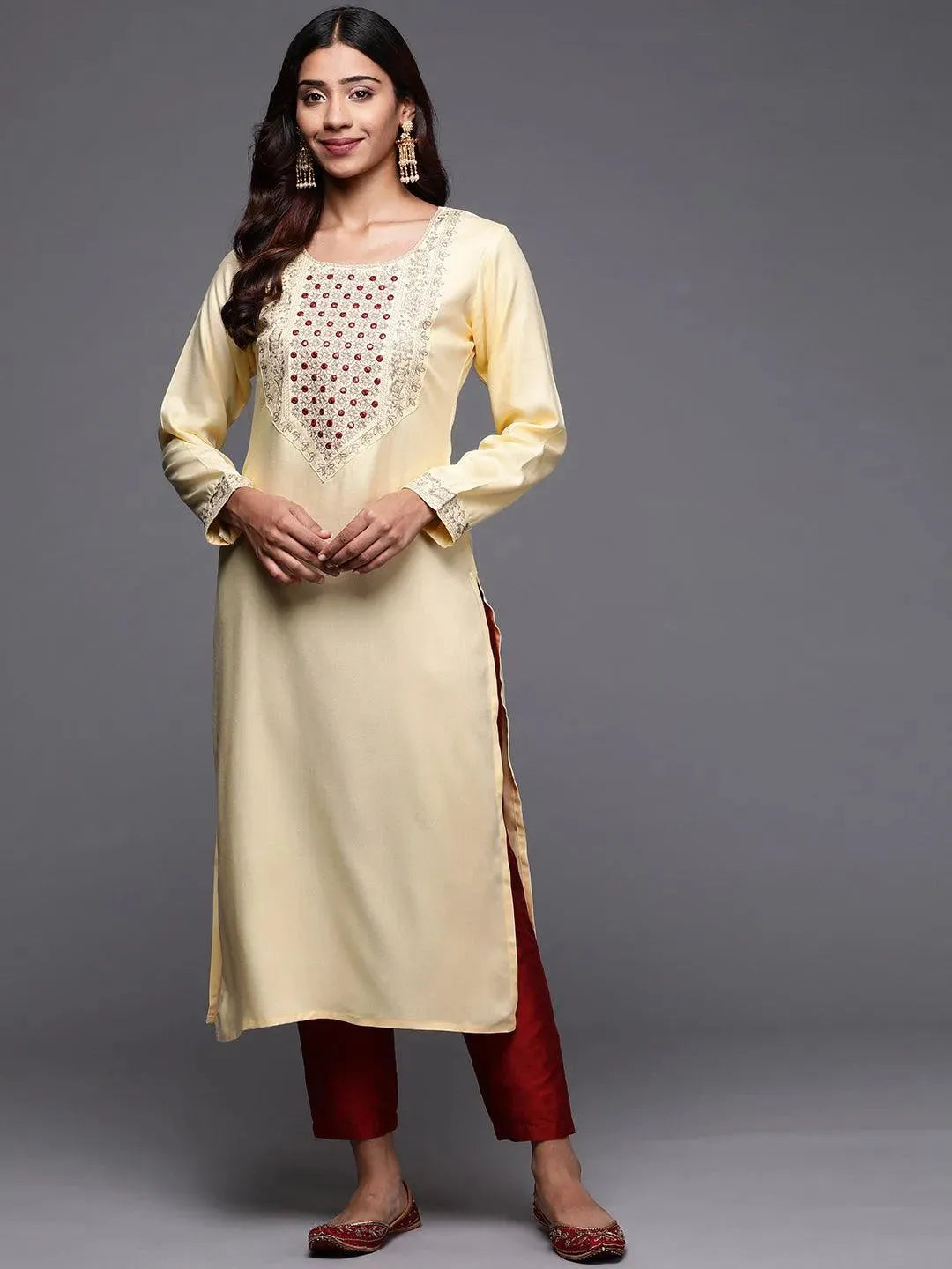 

Cream Yoke Design Pashmina Wool Straight Kurta