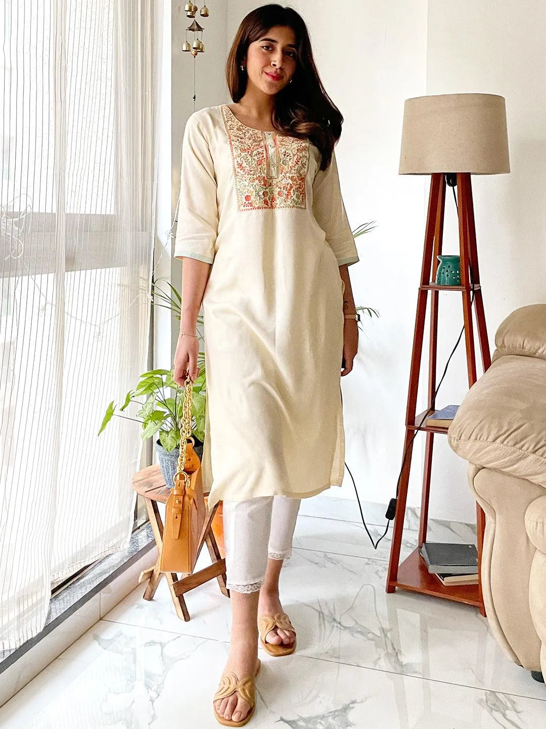 Cream Yoke Design Pashmina Wool Straight Kurta - Libas