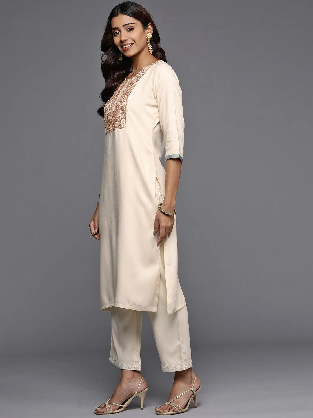 Cream Yoke Design Pashmina Wool Straight Kurta - Libas