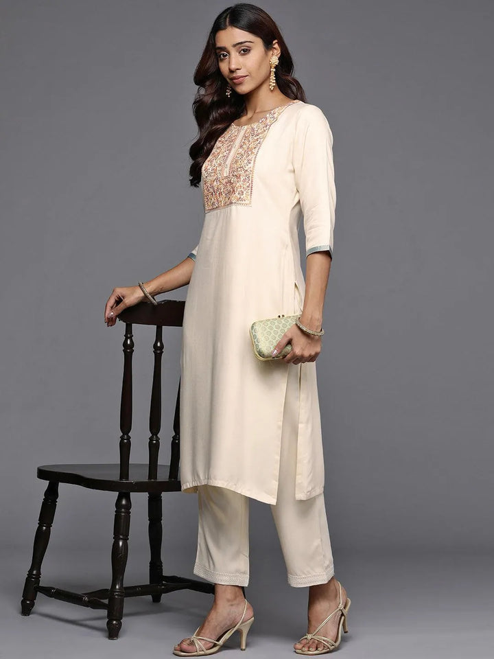 Cream Yoke Design Pashmina Wool Straight Kurta - Libas