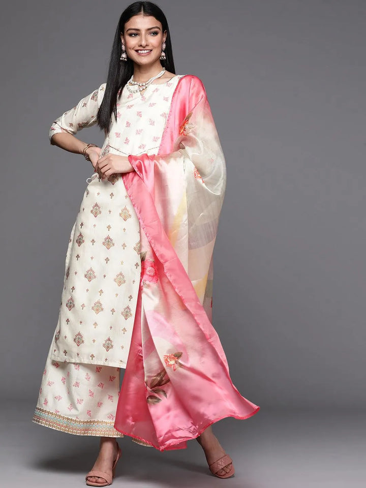 Cream Yoke Design Silk Suit Set - Libas