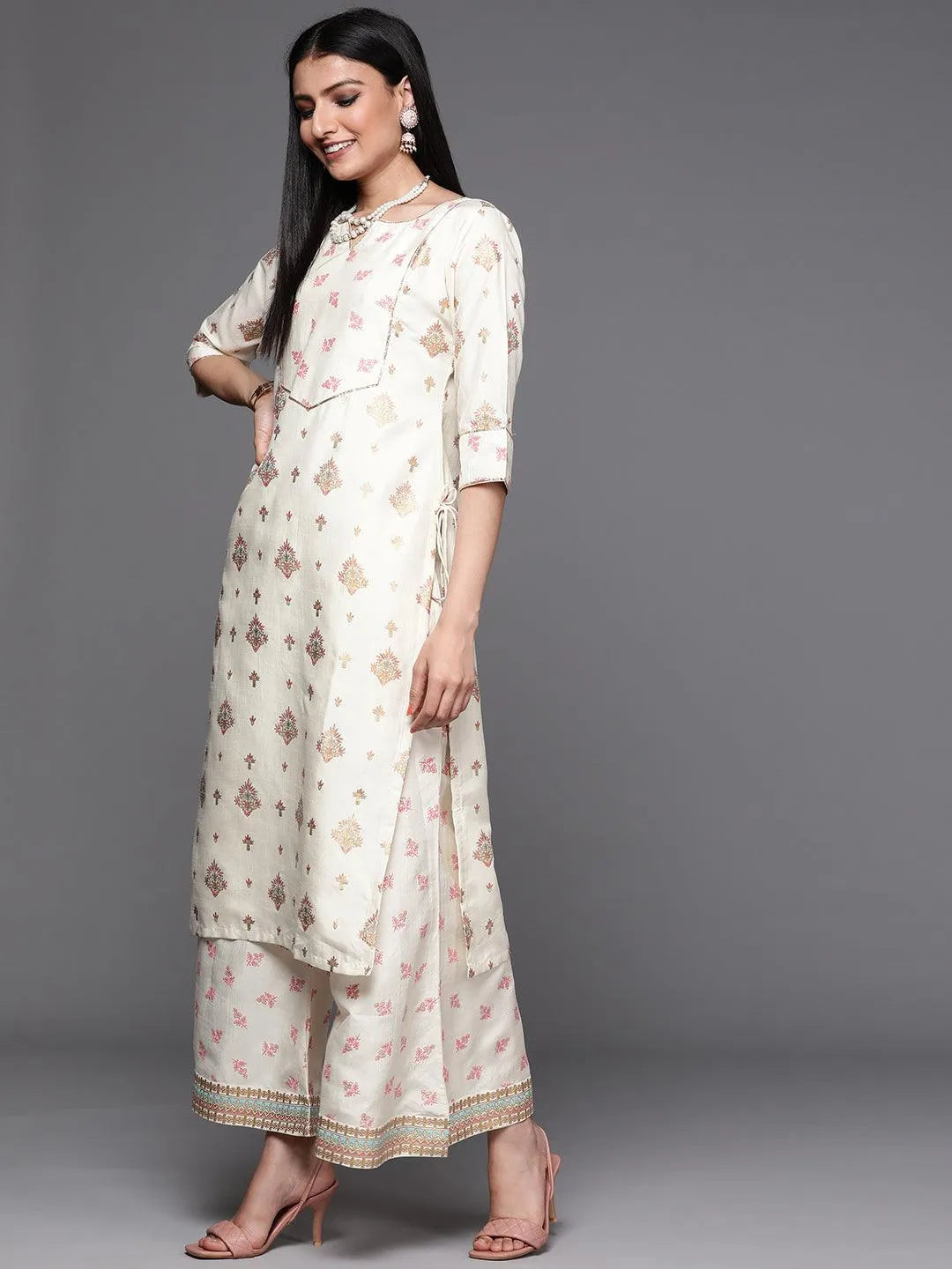 Cream Yoke Design Silk Suit Set - Libas