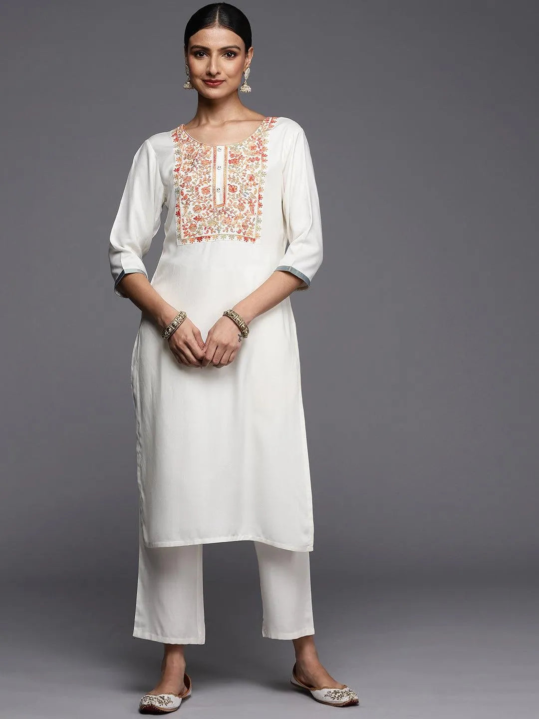 Cream Yoke Design Wool Straight Kurta - Libas