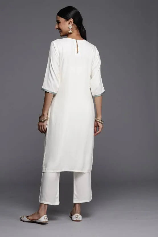 Cream Yoke Design Wool Straight Kurta - Libas