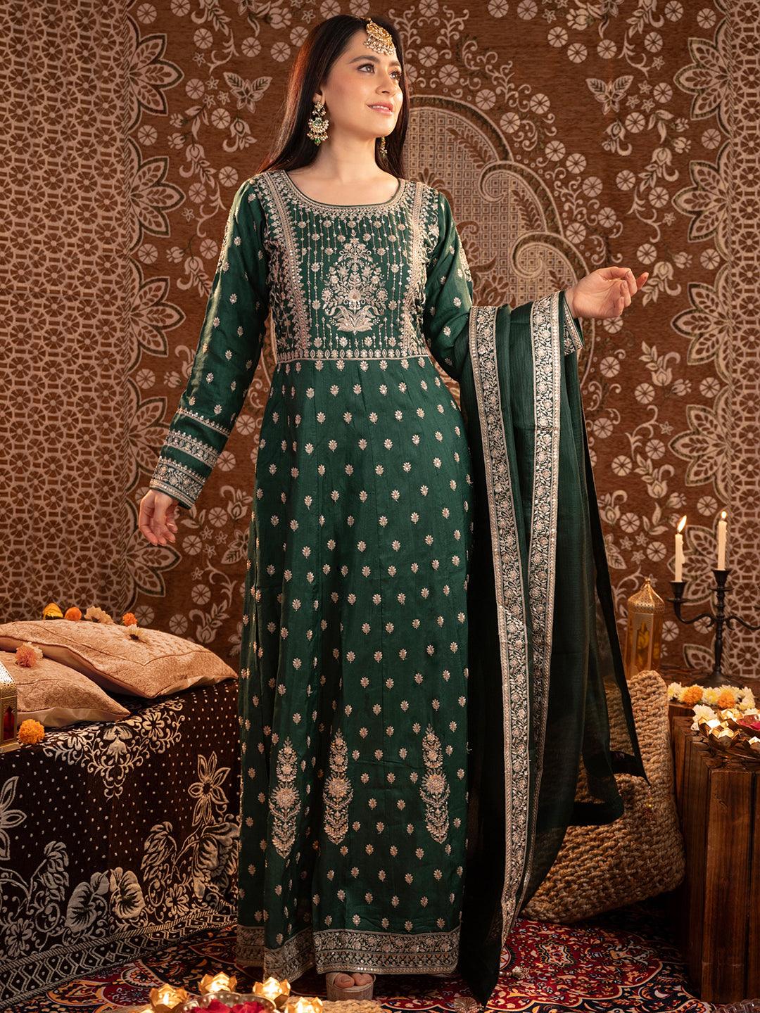 Libas Art Bottle Green Embroidered Silk A-Line Kurta With Trousers & Dupatta - Libas