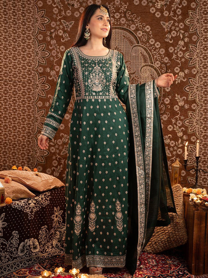 Libas Art Bottle Green Embroidered Silk A-Line Kurta With Trousers & Dupatta - Libas