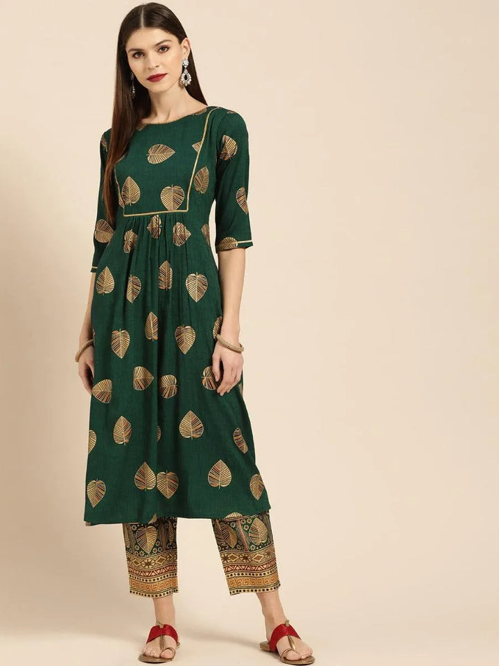 Dark Green Printed Rayon Kurta Set - Libas