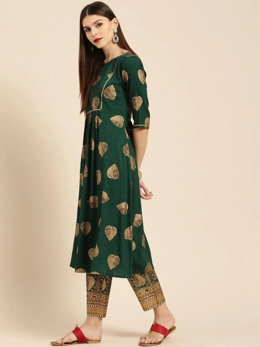 Dark Green Printed Rayon Kurta Set - Libas