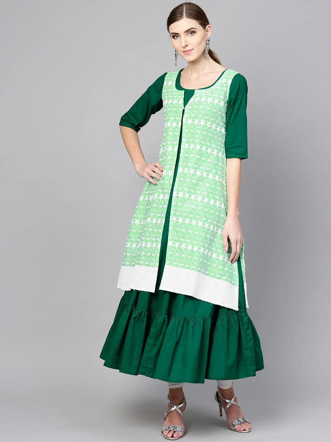 Dark Green Solid Cotton Kurta With Jacket - Libas 