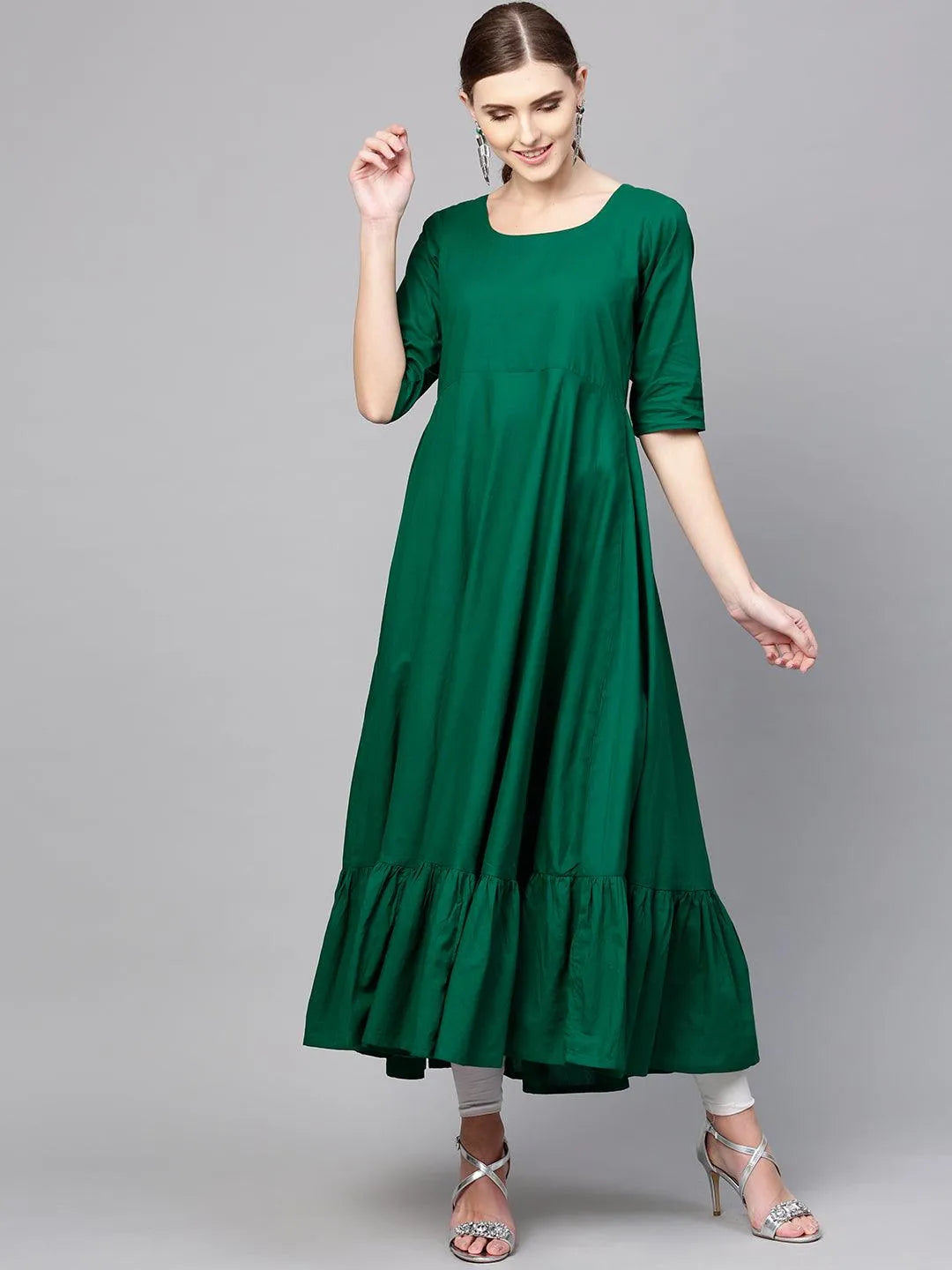 Dark Green Solid Cotton Kurta With Jacket - Libas 