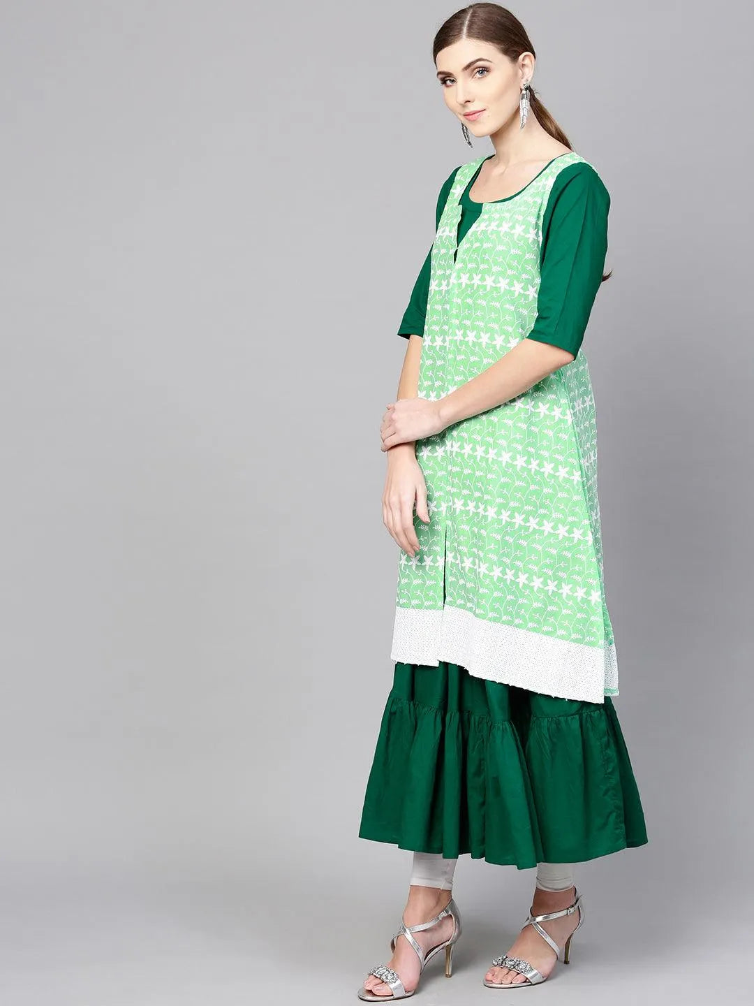 Dark Green Solid Cotton Kurta With Jacket - Libas 