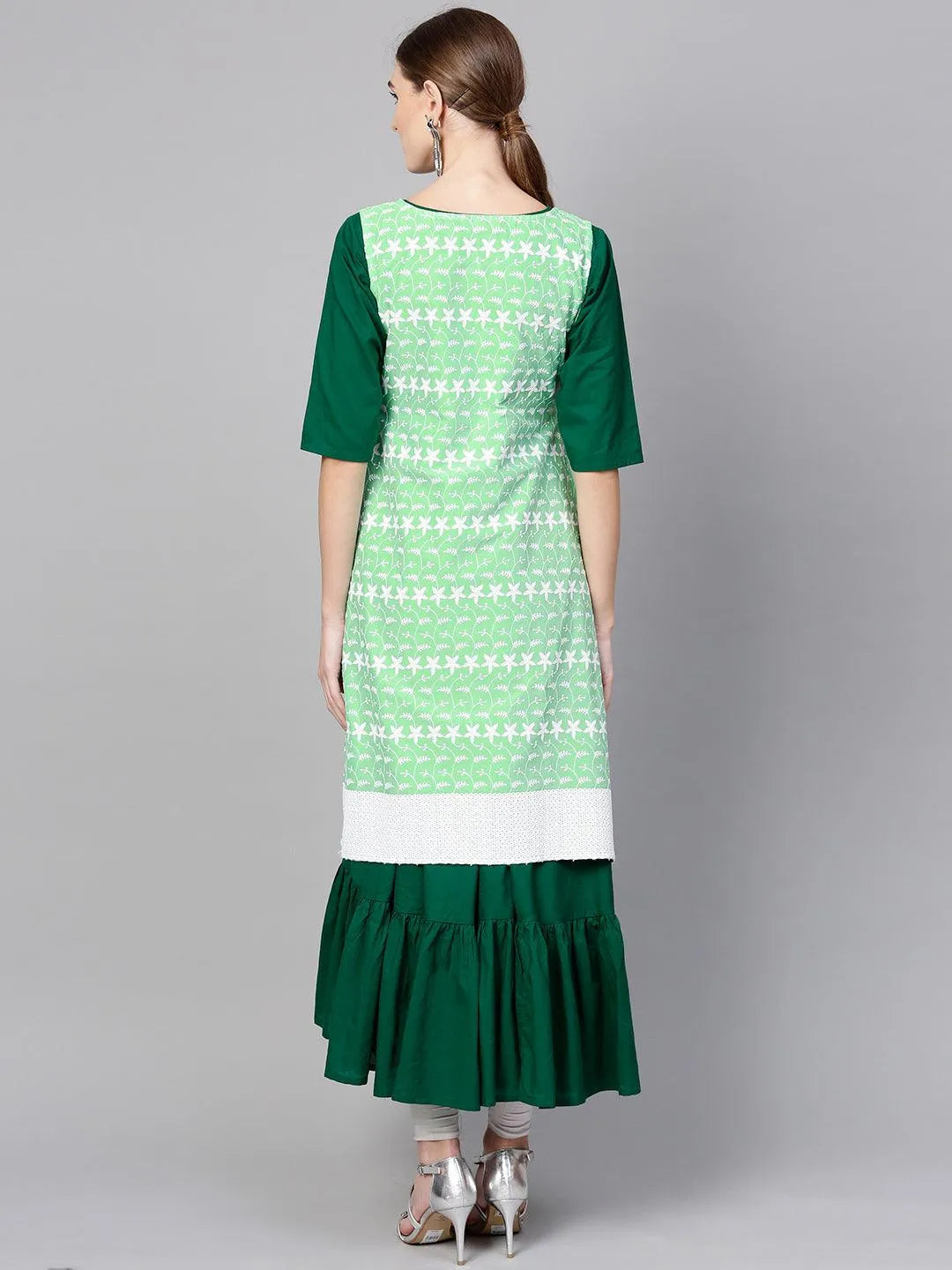 Dark Green Solid Cotton Kurta With Jacket - Libas 