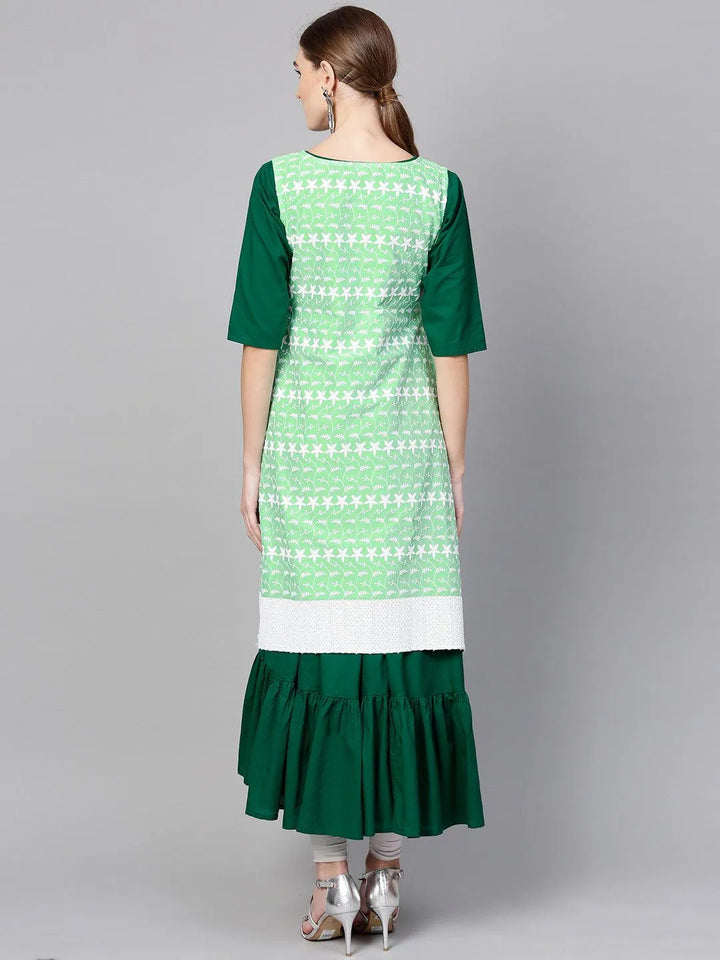 Dark Green Solid Cotton Kurta With Jacket - Libas