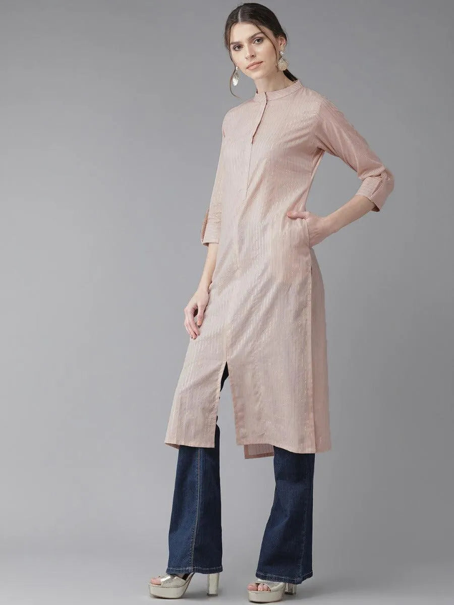 Dusky Peach Striped Cotton Kurta - Libas